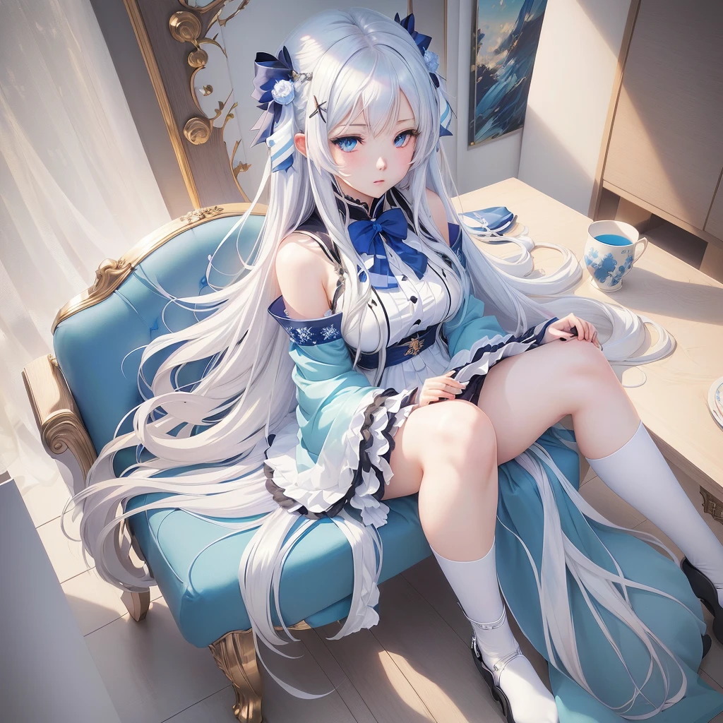 Anime girl with long hair and blue eyes sitting on a chair, Pixiv contest winner, Nightcore, by Shimo, Detailed Key Anime Art, From desire, Anime Moe Art Style, Zerochan Art, White-haired God, Pixiv, top rated on Pixiv, Best anime 4k konachan wallpaper, digital art on Pixiv