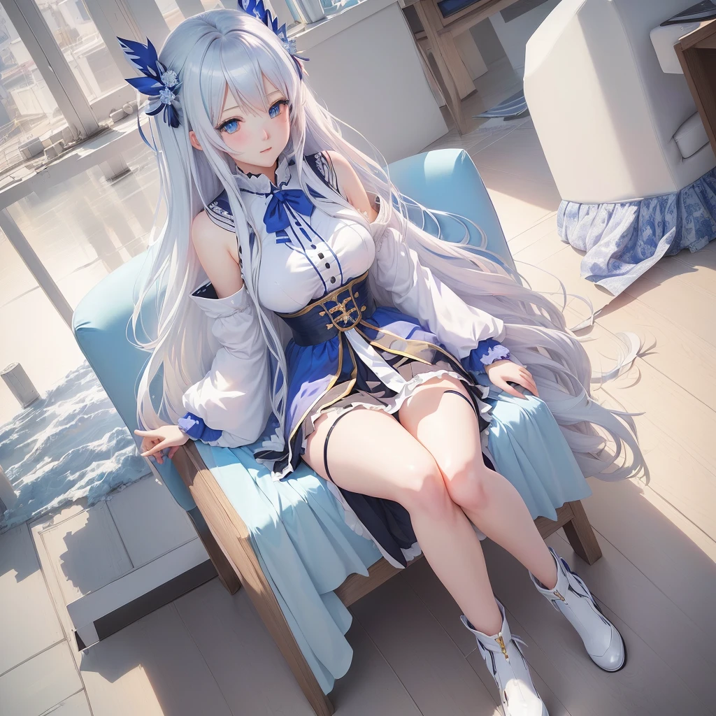 Anime girl with long hair and blue eyes sitting on a chair, Pixiv contest winner, Nightcore, by Shimo, Detailed Key Anime Art, From desire, Anime Moe Art Style, Zerochan Art, White-haired God, Pixiv, top rated on Pixiv, Best anime 4k konachan wallpaper, digital art on Pixiv