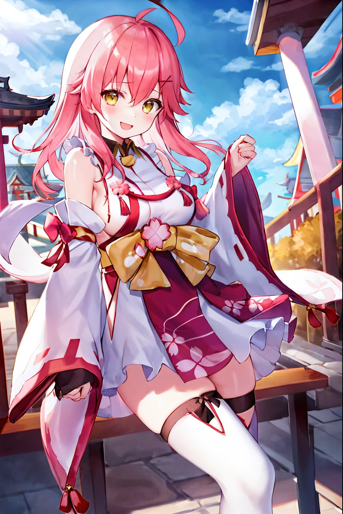 masterpiece, best quality, highres, miko1, sakura_miko, 1girl, big_boobs, solo, ahoge, x_hair_ornament, pink_hair, floral print, hairclip,(side_less_clothes:1.5), (side_boobs:1.5), hair_bell, floral print, long_hair, hair between eyes, one side up, white thighhighs, asymmetrical legwear, wide sleeves, open_mouth,(happy:1.3),gleen_eyes,big_smile,(rise_leg:1.3),plump,apart_legs,(overly_long_sleeves:1.3),),sleeves_past_wrists,hands_hidden_sleeves,sidelock_clothes,dynamic_posing,solo,hidden_wrists,(XD:1.4),covered_nipples,sunlight,cherryblossom_temple_landscape_background,