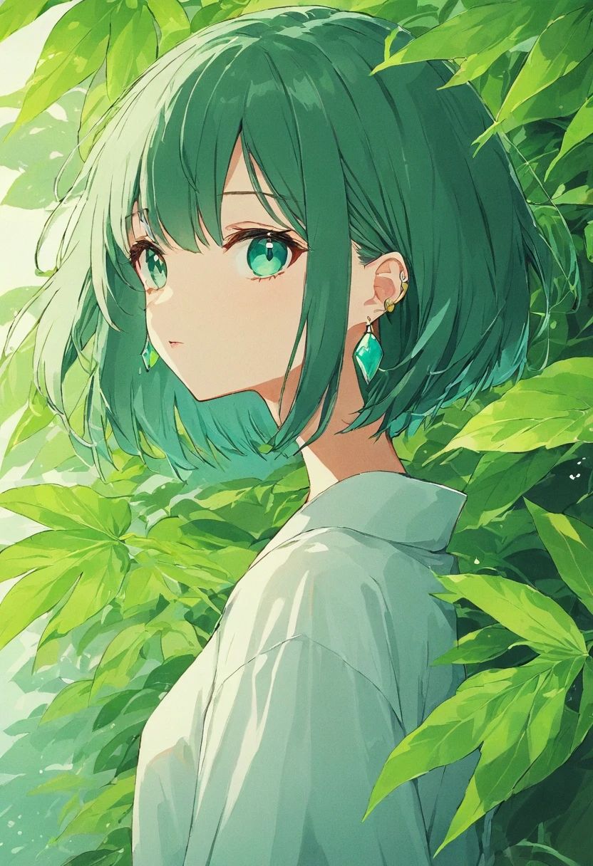 Short Hair Anime Girl and earrings standing in front of a leaf, Clean and detailed anime style, Anime Aesthetics, Turquoise hair anime girl, Anime atmosphere, Flat anime shading, Flowing dark green hair, Soft anime illustration, detailed manga style, Subtle anime style, Anime-style illustrations, Manga art style, Hime cut, Anime Aesthetics, Short Hair Anime Girl、 Lo-Fi、 lo-fi,