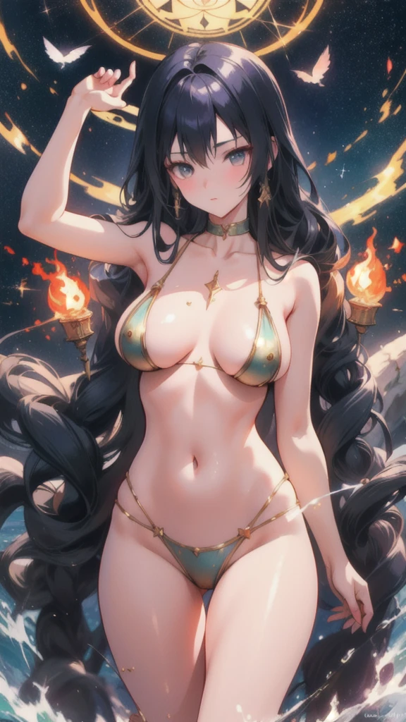 8K resolution, masterpiece, Highest quality, Award-winning works, unrealistic, final fantasy, Royal Jewel,Photorealistic Painting by Midjourney and Greg Rutkowski, , elegant, Very detailed, Delicate depiction of hair, miniature painting, Digital Painting, Art Station, Concept Art, Smooth, Sharp focus, shape, nature, Asura, God of War, A strip of light pouring down from the sky, A pillar of light stretching to the sky, Complex colors, Buddhist Mandala, Colorful magic circle, flash, Mysterious Background, Aura, A gentle gaze, BREAK, Small faint lights and flying fireflies, night, Starry Sky, milky way, nebula, shooting star, Flowers, birds, wind and moon,erotic, sole sexy lady, healthy shaped body, Anatomically accurate skeleton, 22 years old, Asura, 170cm tall, huge firm bouncing busts,