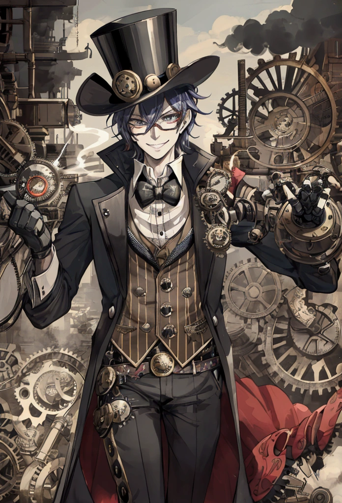 "Steam Punk Joker with a mischievous smile, Wear a top hat decorated with gear and glasses., Holding a deck of cards with mechanical hands, Surrounded by smoke and industrial background, With steam-powered engines and moving gears, Creates a feeling of mystery and intrigue.."