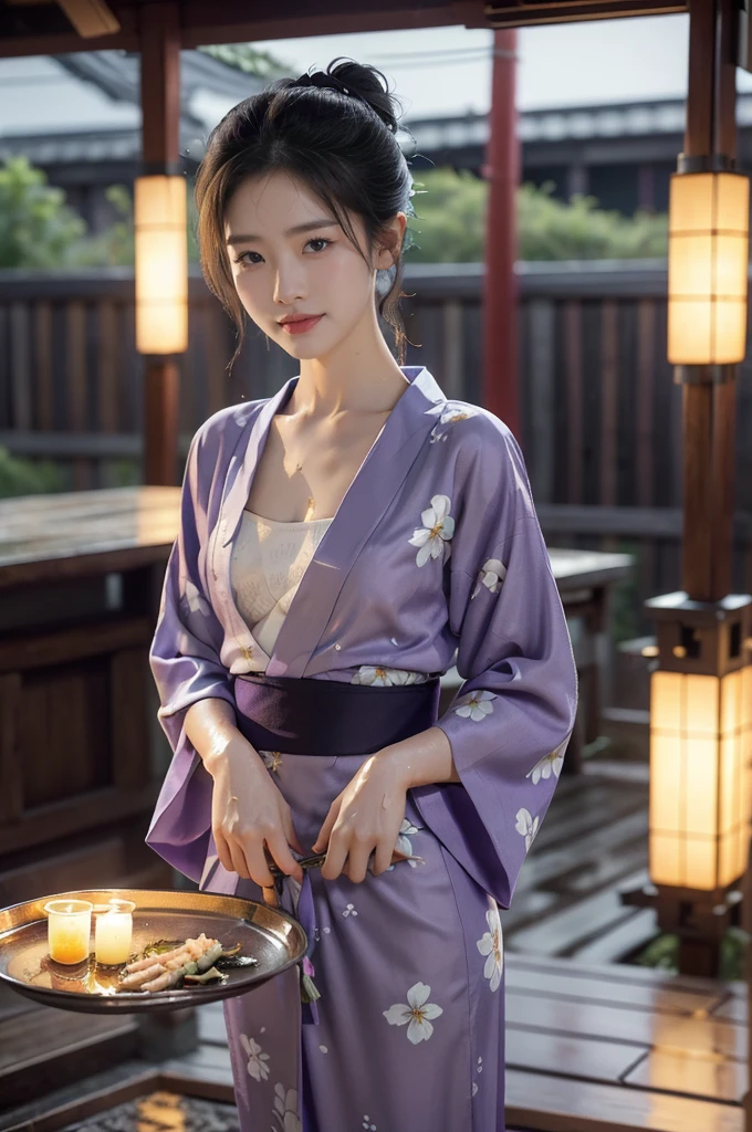 (((best quality))),(((ultra detailed))),(((masterpiece))),illustration,((1 beautiful Japannese girl,solo)),((slim,thin)),((small breasts,flat chest)),(in izakaya:1.3),(summer:1.2),(rainy:1.3),(indoor:1.2),(night scene:1.3),(wet:1.3),(purple floral yukata:1.3),neat bun,porcelain skin,rouge,dimly lit,warm glow,ethereal,(standing:1.3),(arms behind back:1.3),sake bottle,half-empty glass,tray,grilled fish,steamed vegetables,half-eaten,melancholic smile,storm,solitude,enigmatic aura,tranquility,chaos,simplicity,mysterious,captivating,((from front,upper body))