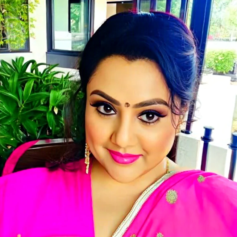 Instagram photo, 45 years old woman geena,Full pic, wearing pink Cotton saree, taken on iphone 15, slight smile, hair bun, sunkissed, sunlight,
