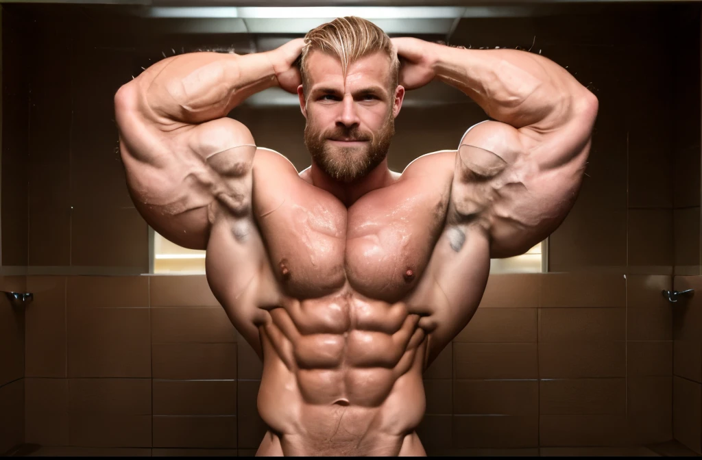 Handsmome white man, 30 years old, dark blonde hair color, hairy body, bodybuilder, barechested, (white towel around his waist), (front view:1.2), still pose, short beard, serious face, wet hair, wet body, soaked, well-framed, hunky, lean and ripped, rippling chest, flexing arms, (anatomical correct arms:1.4)
