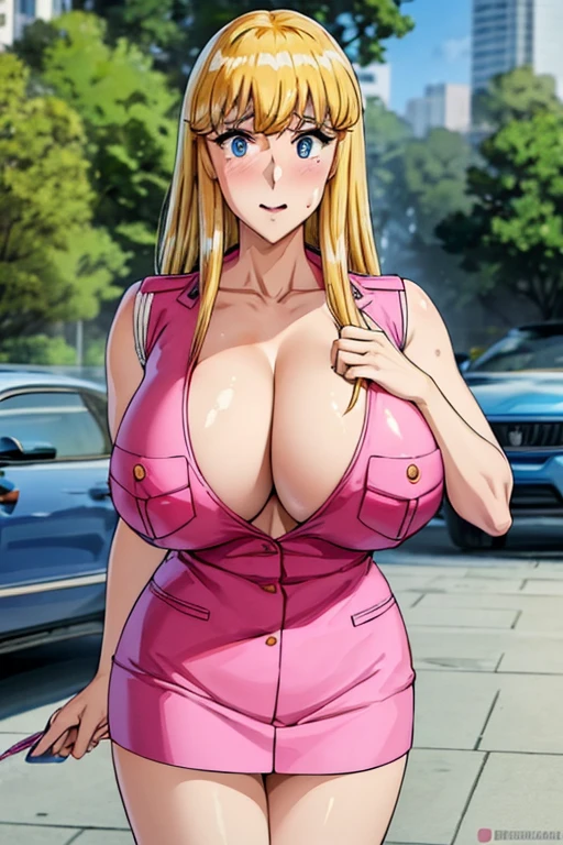 nsfw：1.5、11 head body、Akimoto Haruo、policewoman、policewoman帽、Obscene pink uniform、Tight mini、Pink high heels、Nipples、((Cleavage 1.3))、((nakedを見せる))、((Embarrassed face:1.3)), (Sexually excited、Blushing、breathing becomes rough:1.0)(Beautiful saggy huge breasts:1.3), (Mature Woman)、Reiko Nakagawa,blonde hair,((naked)),(blue eyes:1.2),,(Large Breasts:1.5),Shiny,hair,((alone)),((masterpiece)),((Highest quality)),Perfect Anatomy,Slim waist,Perfect Image,8K Ultra HD,(Beautiful attention to detail:1.5),Highly detailed face,Are standing,(whole body:1.1),(Look at the front:1.1),Arms behind,Super detailed,Absurd,High resolution,(Shiny hair),Outdoor,((A delicate smile)), information