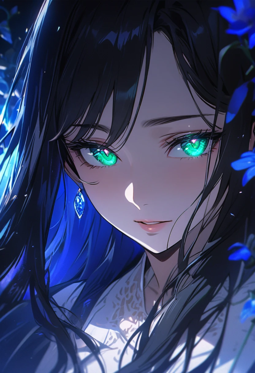 Female, long hair, black hair, green eyes, blue aura, mature, adult, blue flower, The romantic scenery, glowing eyes, blue flower, Flower lapis, pure, macro picture, beautiful eyes, main face, front face. cute