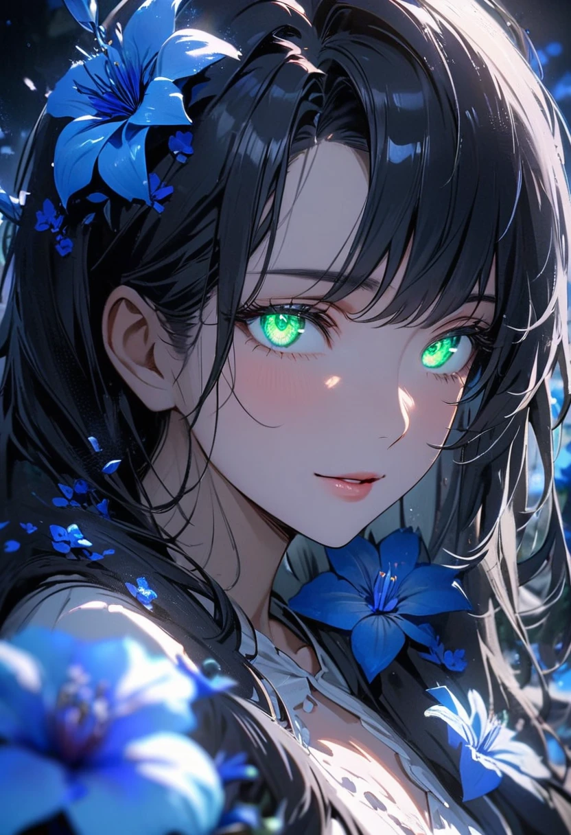 Female, long hair, black hair, green eyes, blue aura, mature, adult, blue flower, The romantic scenery, glowing eyes, blue flower, Flower lapis, pure, macro picture, beautiful eyes, main face, front face. cute
