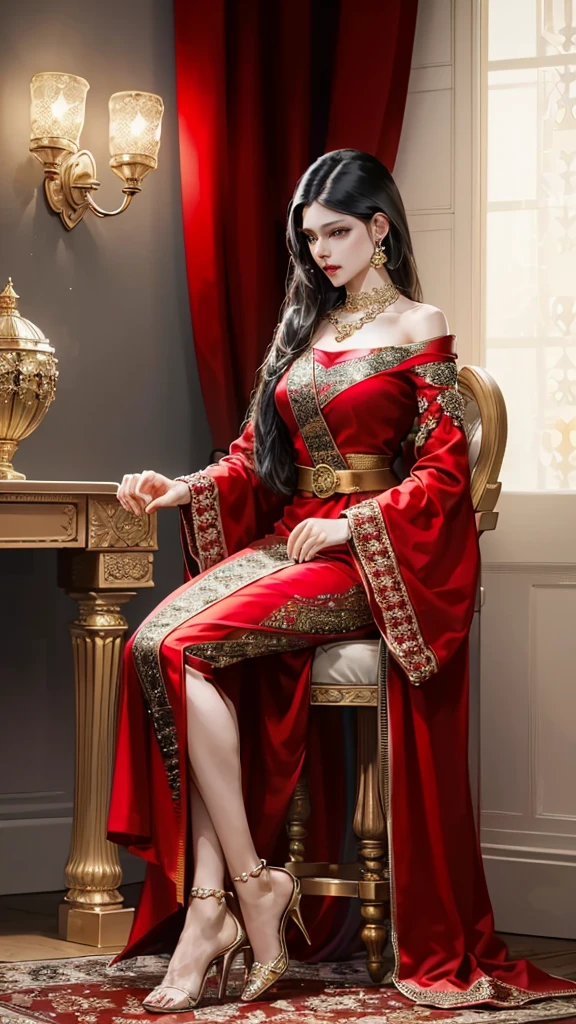 Beautiful girl in red high heels17A man is sitting with one leg crossed on a chair、((Straight black hair down to the floor))、Shiny hair、Lavish decoration、Arabian Style、National costume、Black satin pantsuit、Diamond gold embroidery、Arabian Styleの室内、Candlelight、choker、、necklace、
、Sash belt、Dark Skin、Arab's royal style、turbaned((Close-up of feet))、Golden Eyes、Bracelet、bracelet、anklet、Skin is visible under the hem of the antz、Red high heels with jewels、A chair with a slightly long back made of ebony、Flower sculpture、Legs thrown forward、Black toenail manicure、Nail Art、((((Red pinheal,)))
Super Tilt Angle、far and near method、high heels up、masterpiece、Ultra-high resolution、Precisely、Detailed and beautiful