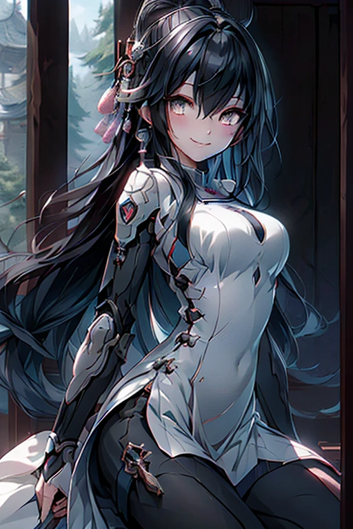 black hair, long hair, wince, long eyelashes, solid circle eyes, light smile, ear blush, fang, Surrealism, drop shadow, anaglyph, stereogram, tachi-e, pov, atmospheric perspective, 8k, super detail, accurate, best quality, Right hand grasping the hilt of a Single-edged iron sword, with the blade positioned upwards, only two pieces of armor, Armor Dress, index finger and thumb grasping the hilt, other three fingers relaxed