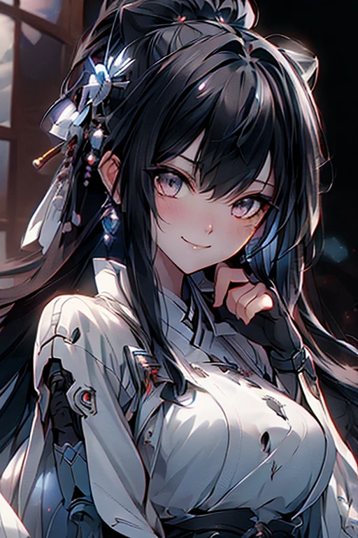 black hair, long hair, wince, long eyelashes, solid circle eyes, light smile, ear blush, fang, Surrealism, drop shadow, anaglyph, stereogram, tachi-e, pov, atmospheric perspective, 8k, super detail, accurate, best quality, Right hand grasping the hilt of a Single-edged iron sword, with the blade positioned upwards, only two pieces of armor, Armor Dress, index finger and thumb grasping the hilt, other three fingers relaxed