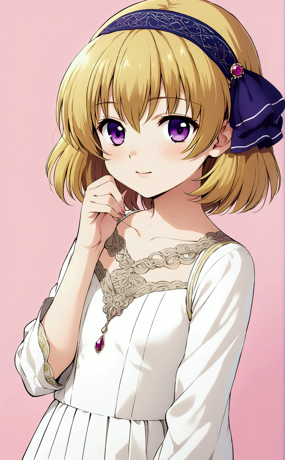 (Houjou_Satoko), (Yellow Hair), Blonde, Purple Eyes, short hair, hair band, Small breasts, 11 years old, 