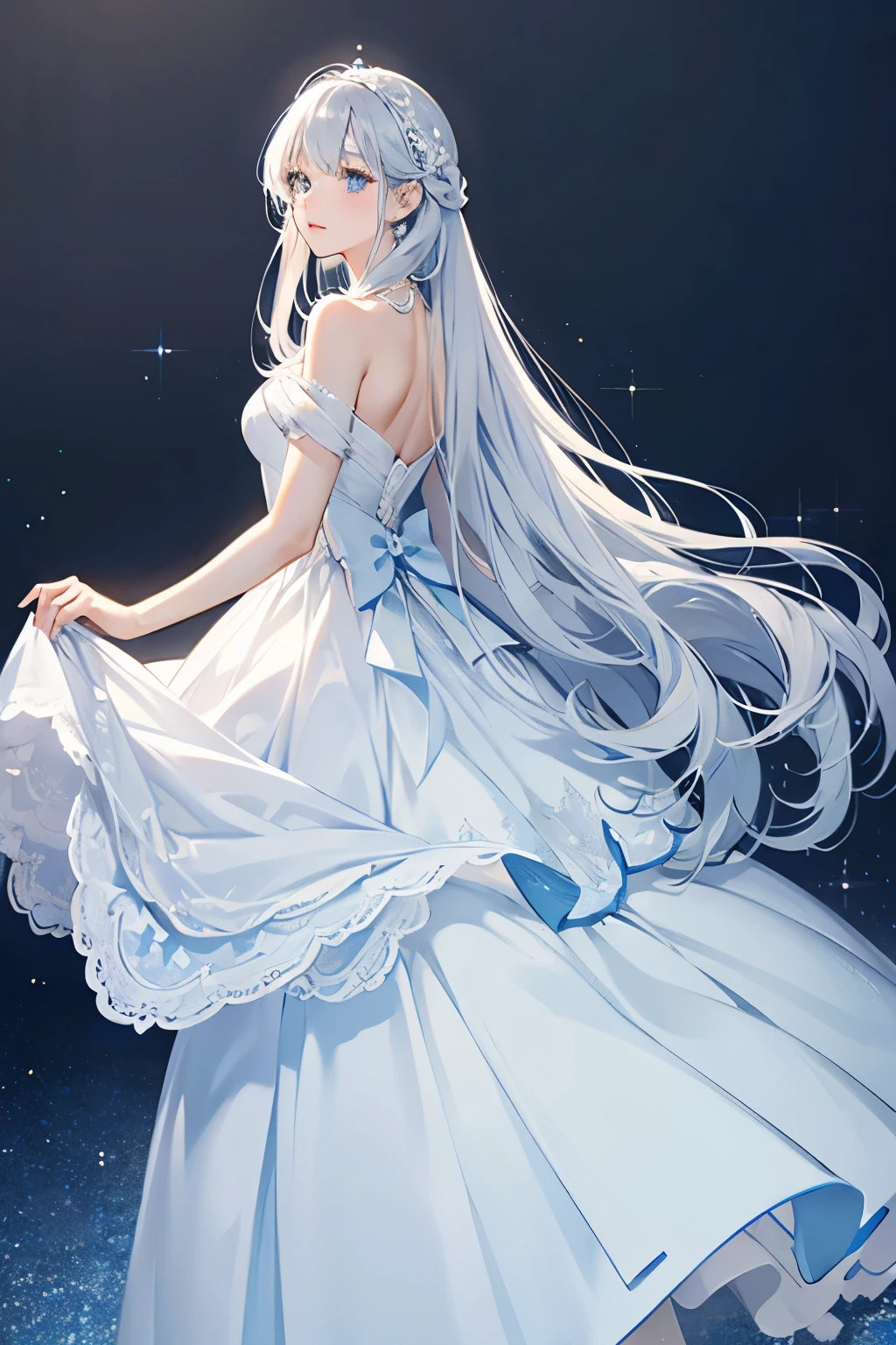 Light blue with white dress. long dress simple dress wedding silver hair SPARKLE; GLITTER