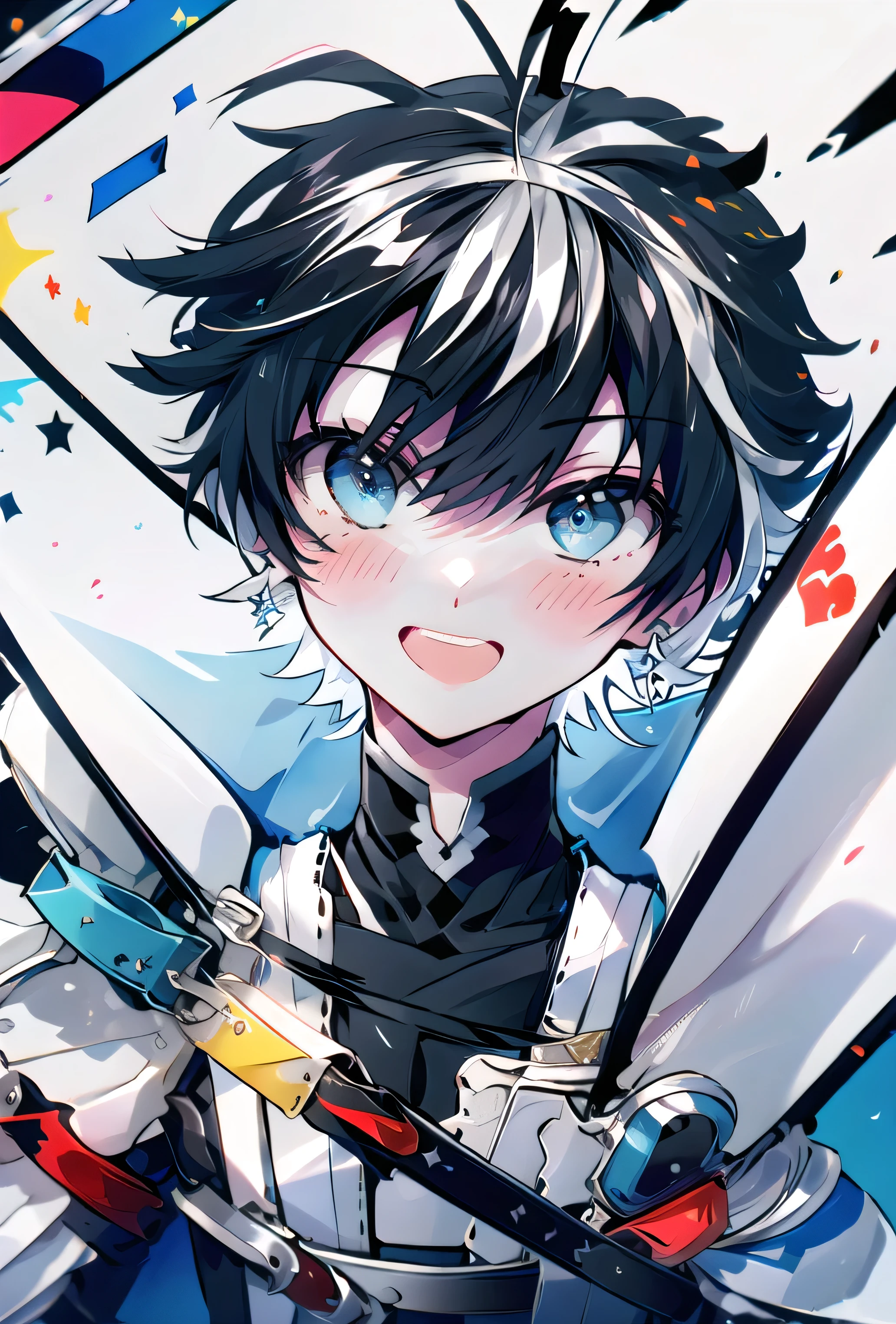 (masterpiece), (HDR), absurdres, (best quality), (ultra high quality), (hi-res), (((cowboy shot))), (1boy), solo, alone, mature, charlemagne, (blue eyes), beautiful detailed eyes, (((black hair))), multicolored hair, bishounen, BREAK, Transparent Dress, dynamic poses, dynamic angle, No background, White background, looking away from viewer, blush, (open mouth) 