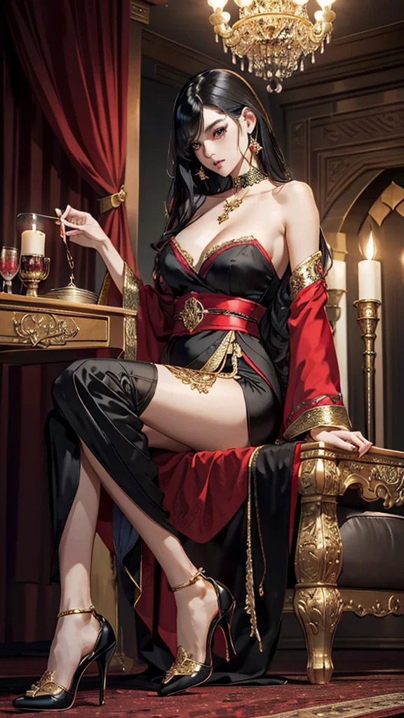 Beautiful girl in red high heels17A man is sitting with one leg crossed on a chair、((Straight black hair down to the floor))、Shiny hair、Lavish decoration、Arabian Style、National costume、Black satin pantsuit、Diamond gold embroidery、Arabian Styleの室内、Candlelight、choker、、necklace、
、Sash belt、Dark Skin、Arab's royal style、turbaned((Close-up of feet))、Golden Eyes、Bracelet、bracelet、anklet、Skin is visible under the hem of the antz、Red high heels with jewels、A chair with a slightly long back made of ebony、Flower sculpture、Legs thrown forward、Black toenail manicure、Nail Art、((((Red pinheal,)))
Super Tilt Angle、far and near method、high heels up、masterpiece、Ultra-high resolution、Precisely、Detailed and beautiful
