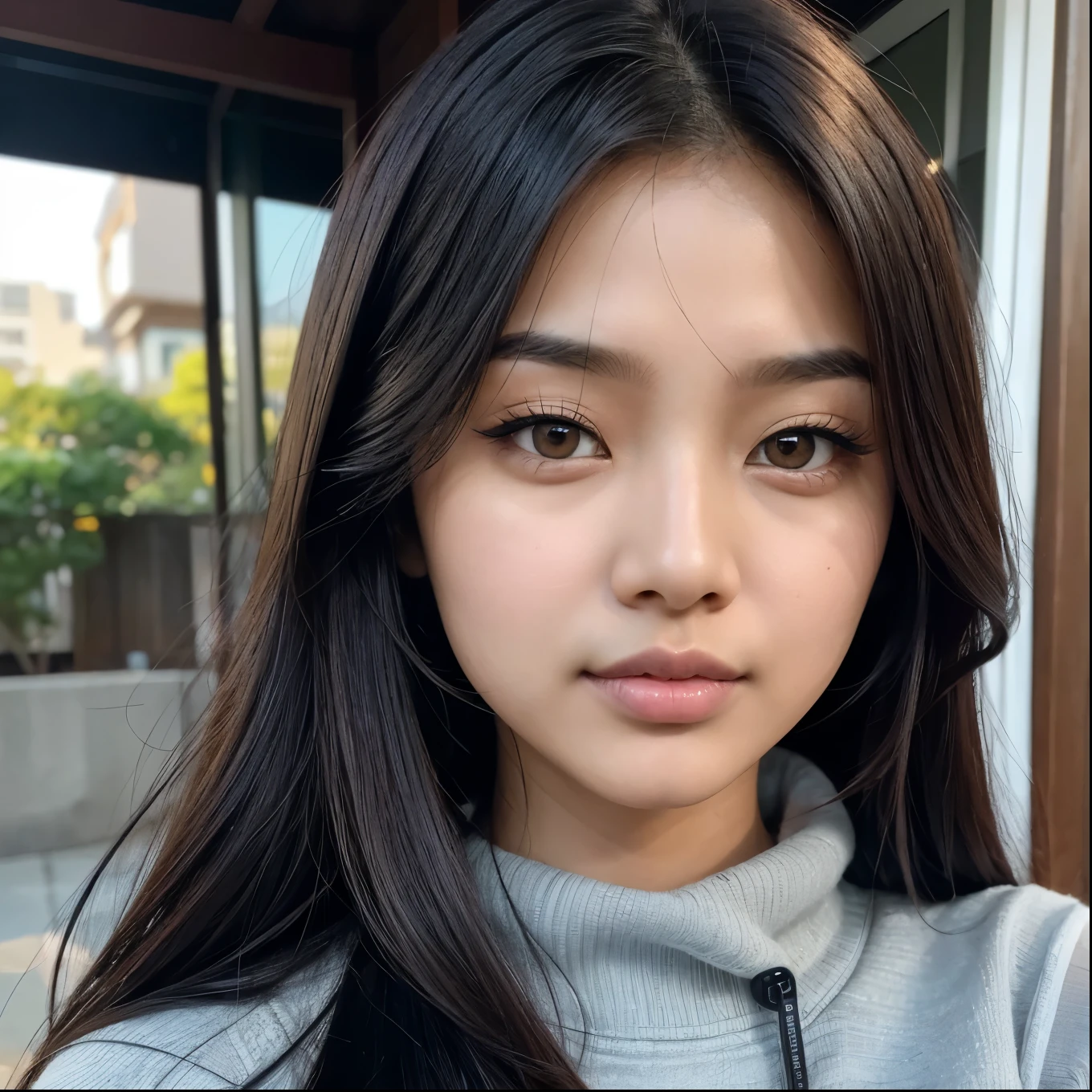 1girl, realistic,natural looking eye and face details, selfies, realistic backgrounds, full lips, lipstick, (makeup), highly realism, details, Asian woman with black hair, hip-length hair, long hair, coreana, asian features, young cute wan asian face, Ulzzang, asian face, a young cute woman, asian, AESPA,wonyoung, wonyoung IVE, black hair, long black hair, blurry background, hoooooyeony, HoYeon Jung, busty famele, girl with bangs, big, serious girl, Lee Su-hyun, , big breast, thin clothing, seductive girl, small eyes, asian eyes, long hair, attractive girl (( pechos grandes )), 18 years, korean, attractive, big, chubby, facing towards the camera , full body covered with clothes wearing Long sleeves black sweater , full sleeve