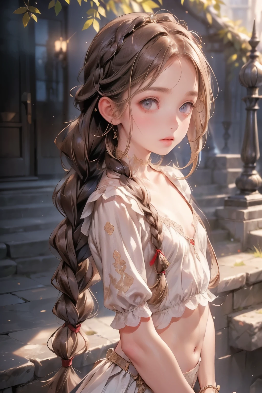 ((best quality)), ((masterpiece)), (detailed), 1girl, (big forhead:1.2),extremely detailed cute anime face, (((flat chest))), (flat chest:1.1),((((long twin braids,tight braids,long braid,braided hair,long hair)))),intricate eyes,beautiful detailed eyes,symmetrical eyes,(((detailed face))),beautiful detailed lips, dynamic pose, looking at this, resolved, resolute, highres,(best quality),(ultra detailed,extremely detailed),perfect face details, ((masterpiece:1.4, best quality))+, (ultra detailed)+, long twintails, cute girl, (flat chest:1.1), small breasts, slim body, skinny, prominent collarbones, skinny arms, flat stomach, visible hip bones, long hair, red hair, white hair, blonde hair, dark hair, ponytail, thick ponytail, heavy ponytail, small breasts, perfect face, small breasts (flat chest:1.1),  Detailed body，Full limbs, (flat chest:1.1), A female knight，Yellow hair，diadems, Wide-angle, Bokeh, Wide-angle, High details, High quality, High Quality anime art style, Masterpiece, bloodborne inspired, bloodborne aesthetic, ornate gothic attire, gothic, occult aesthestic, occult, whole body, full body, body, ornate mourning wear, templar knight inspired, red and white clothing,