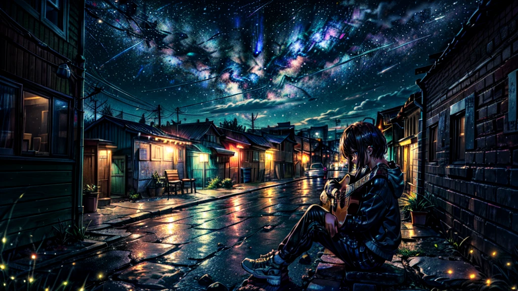 masterpiece,night,(dark alley),star、Night Sky、Overlooking the city、milky way、octone、
(1 Youth), (solo), Knee hugging sitting,acousticguitar