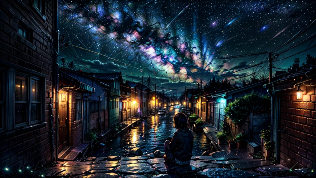 masterpiece,night,(dark alley),star、Night Sky、Overlooking the city、milky way、octone、
(1 Youth), (solo), Knee hugging sitting,acousticguitar