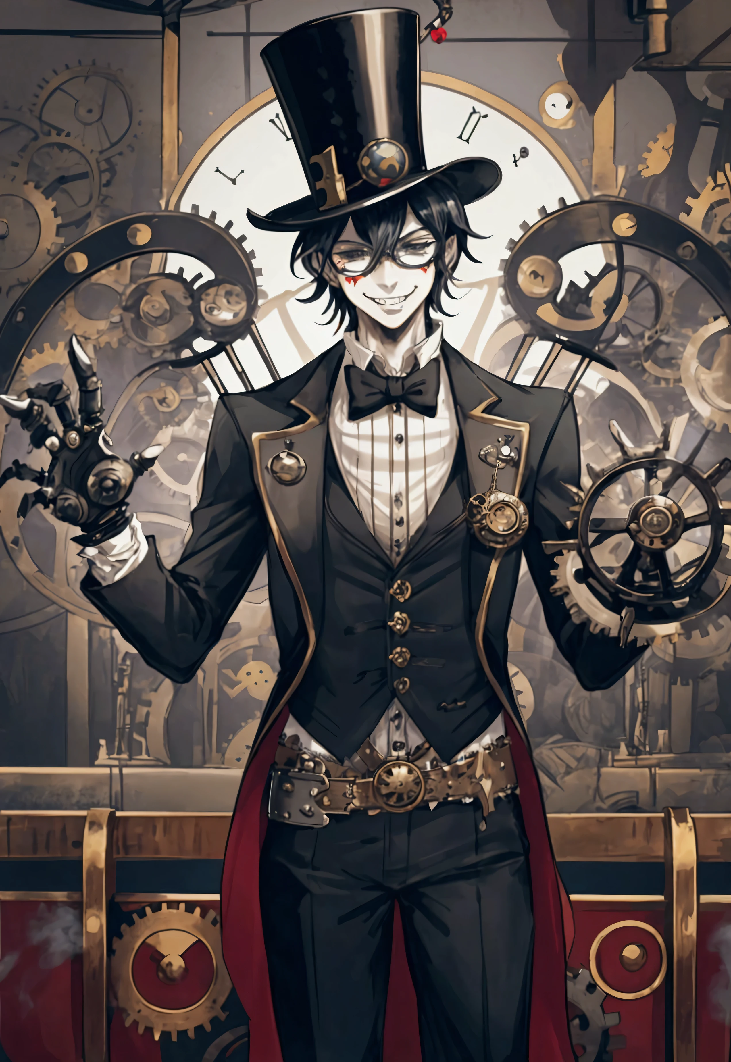 "Steam Punk Joker with a mischievous smile, Wear a top hat decorated with gear and glasses., Holding a deck of cards with mechanical hands, Surrounded by smoke and industrial background, With steam-powered engines and moving gears, Creates a feeling of mystery and intrigue.."