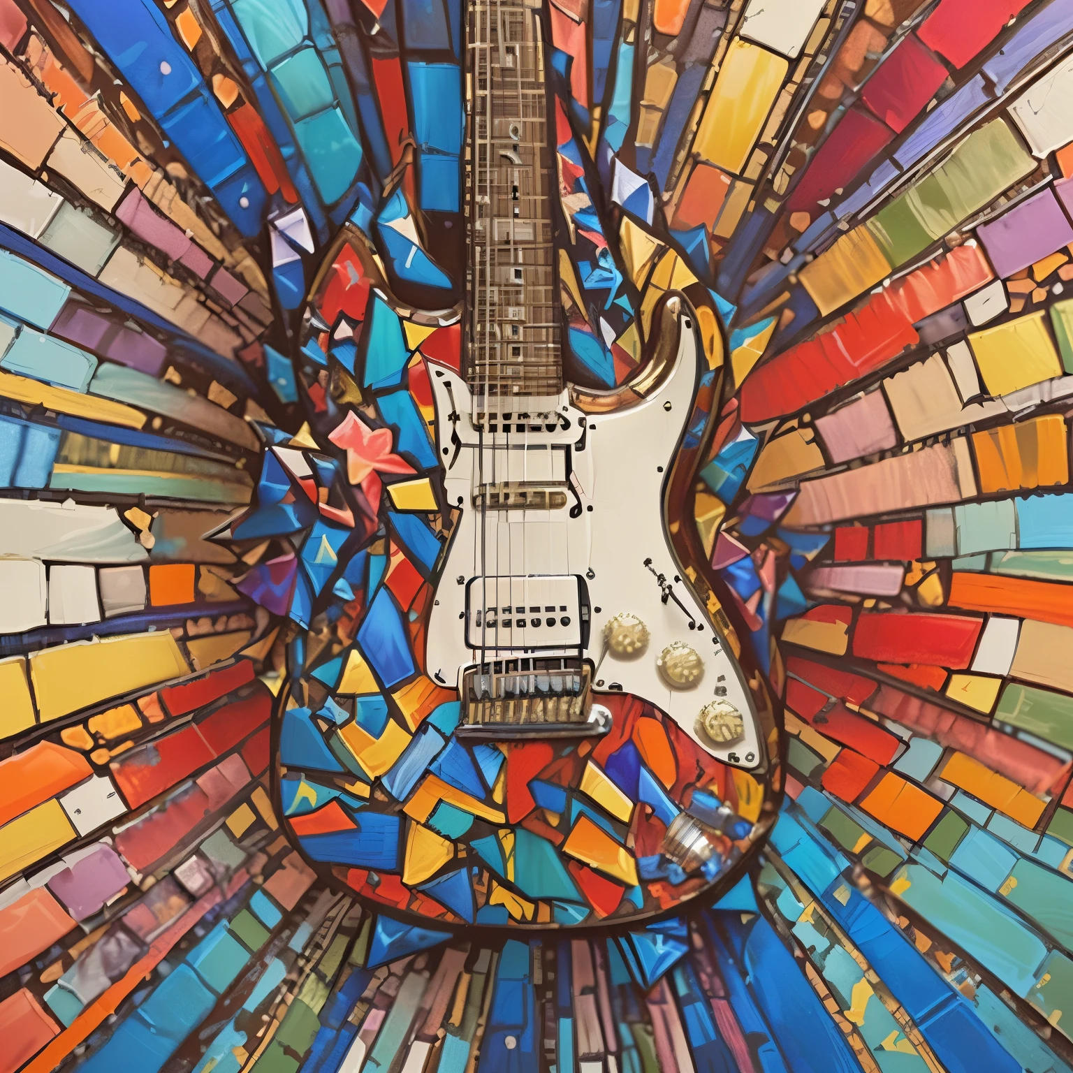 a close up of a guitar on a mosaic background, guitar, lead guitar, electric guitar, stained”, stained glass art, guitar solo, by Tom Phillips, artist interpretation, inspired by John McLaughlin, guitar concept art, glorious composition, full detail, rocking out, fender stratocaster, artwork, promo art, energetic composition, album art, guitarist, guitars, electric guitars