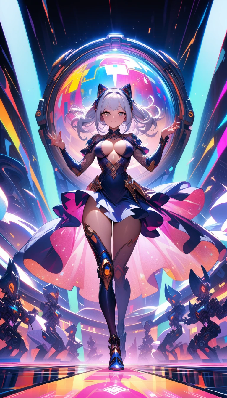 ((best quality)) , ((masterpiece)) , (detailed),A full body illustration of an American female character in the style of Hearthstone card art, dancing on a disco dancefloor with a big glittering mirror ball overhead. She wears purple and gold and has white hair. Her hands are up as if to talk to someone, with a happy expression. The background is colorful with vibrant colors and high contrast. It is a low angle shot with a wide lens. ,biomechanical style . blend of organic and mechanical elements, futuristic, cybernetic, detailed, intricate