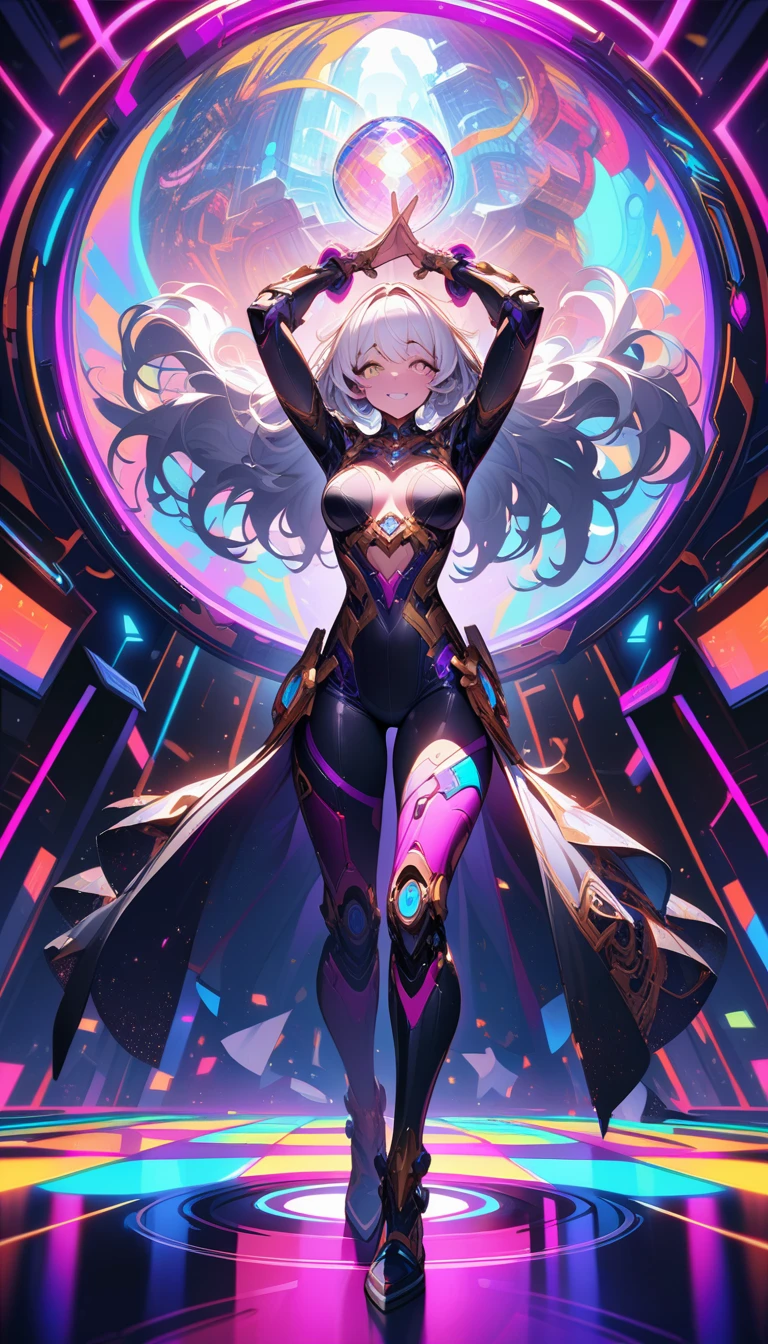 ((best quality)) , ((masterpiece)) , (detailed),A full body illustration of an American female character in the style of Hearthstone card art, dancing on a disco dancefloor with a big glittering mirror ball overhead. She wears purple and gold and has white hair. Her hands are up as if to talk to someone, with a happy expression. The background is colorful with vibrant colors and high contrast. It is a low angle shot with a wide lens. ,biomechanical style . blend of organic and mechanical elements, futuristic, cybernetic, detailed, intricate
