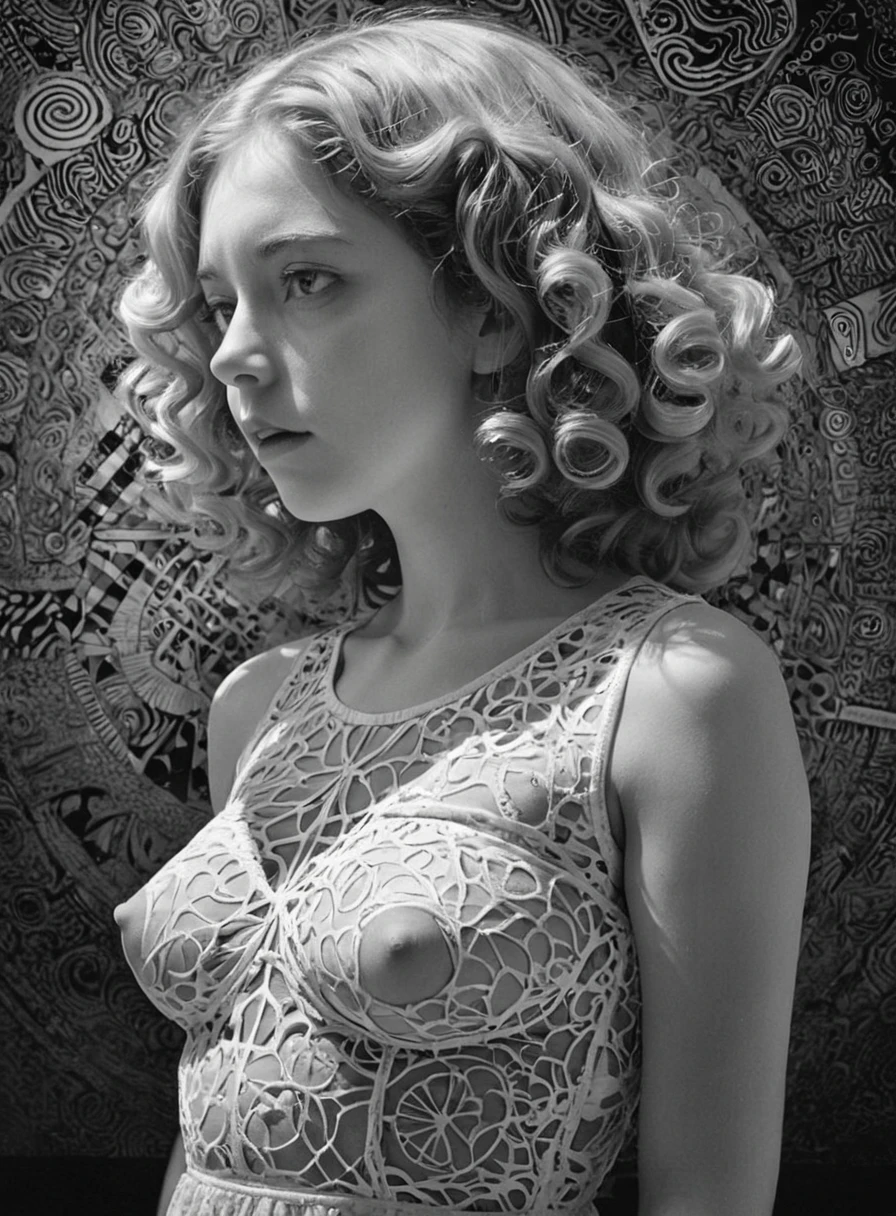 Velvia, Realism, graphic print, surreal, klimt,Breakcore, Sunlight, Reflected light, Berlin Secession, delicate, Hellenistic hair styled as French crop, Zentangle, anaglyph effect, elegant dress, face portrait,nsfw