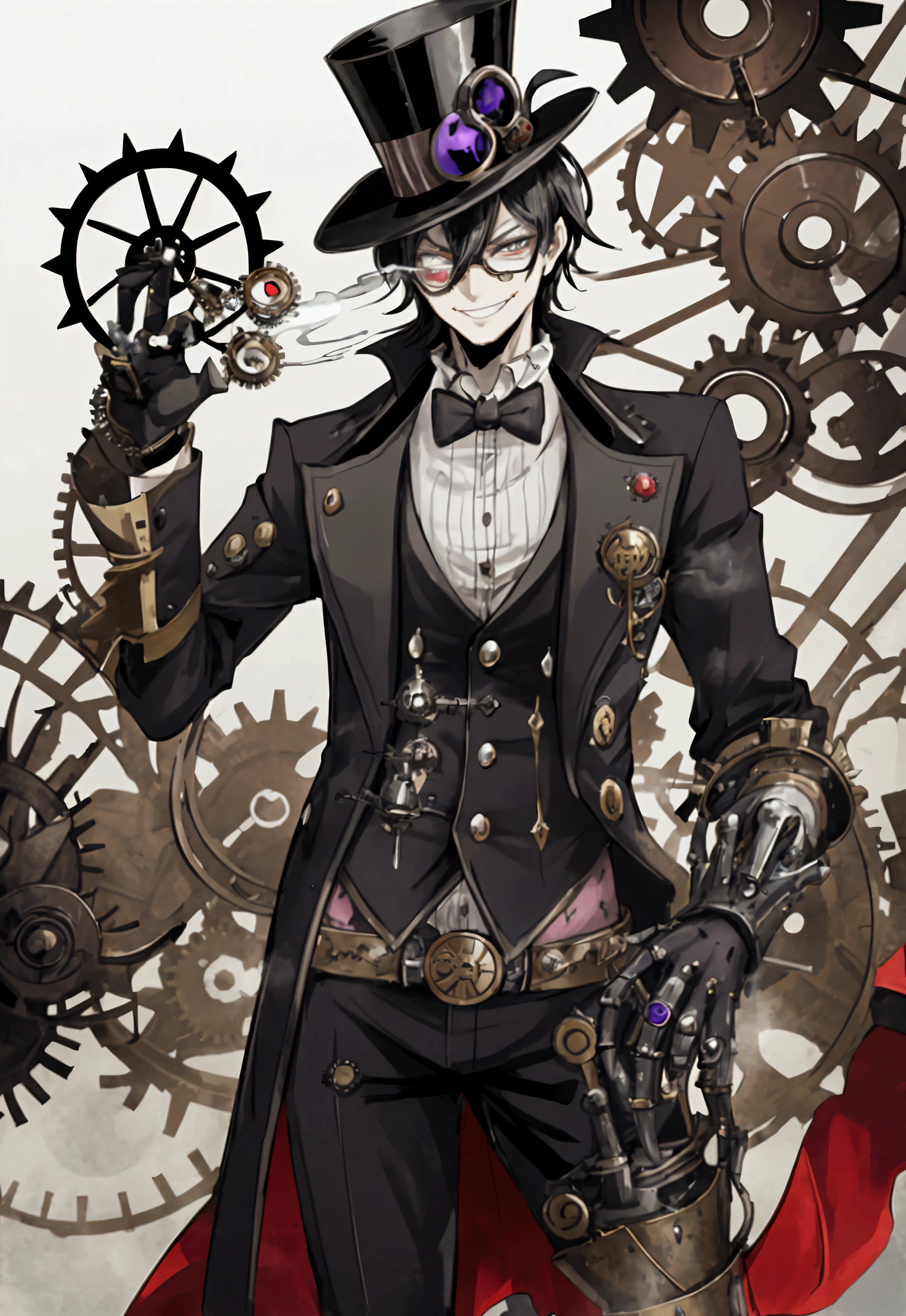 "Steam Punk Joker with a mischievous smile, Wear a top hat decorated with gear and glasses., Holding a deck of cards with mechanical hands, Surrounded by smoke and industrial background, With steam-powered engines and moving gears, Creates a feeling of mystery and intrigue.."