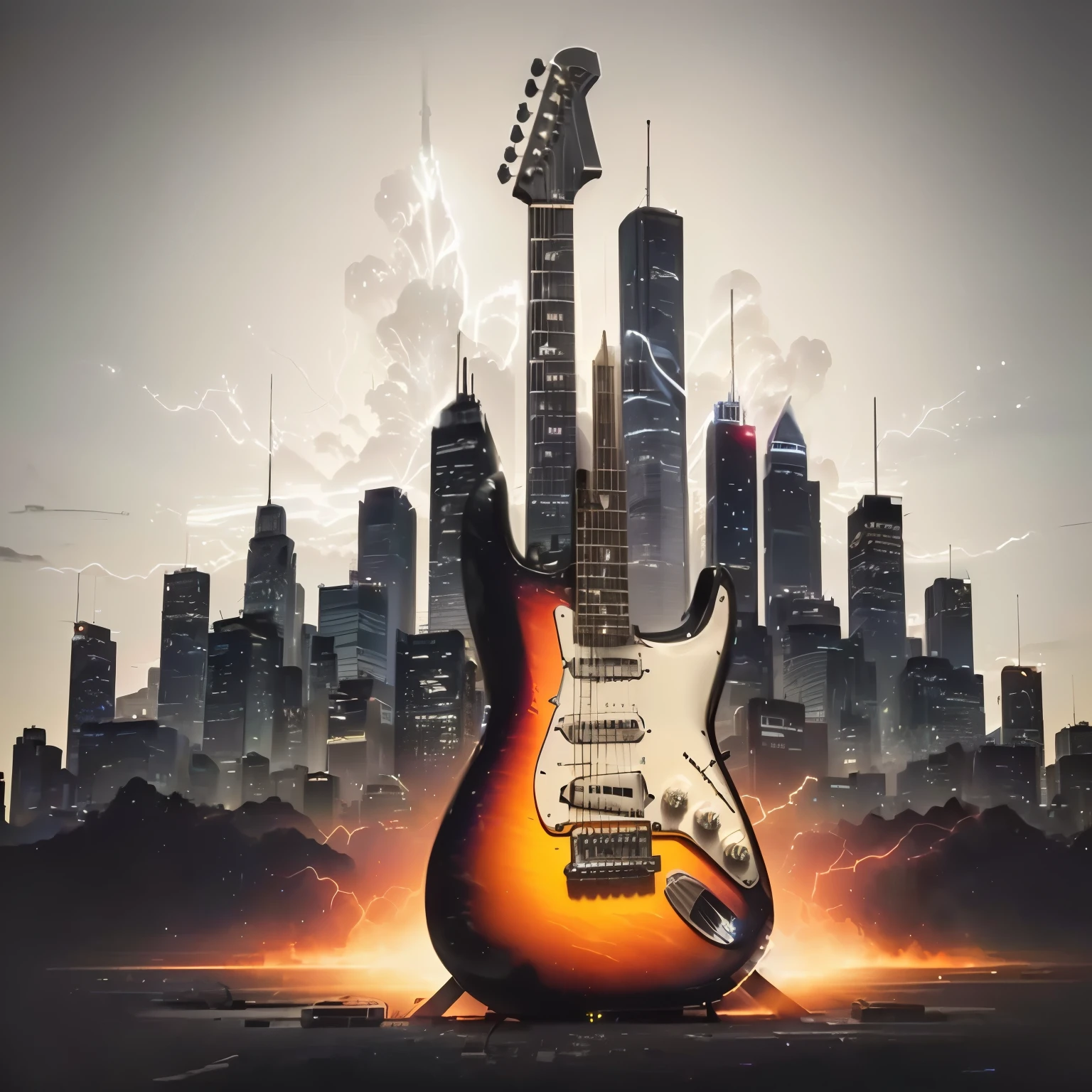 guitar in front of a city skyline with lightning, futuristic electric guitar, electric guitar, guitar concept art, guitar, electric guitars, rocking out, rock music, photorealistic music album cover, progressive rock album cover, guitarist, guitar solo, lead guitar, the city is on fire, heavy blues rock, by derek zabrocki, city on fire, city backdrop