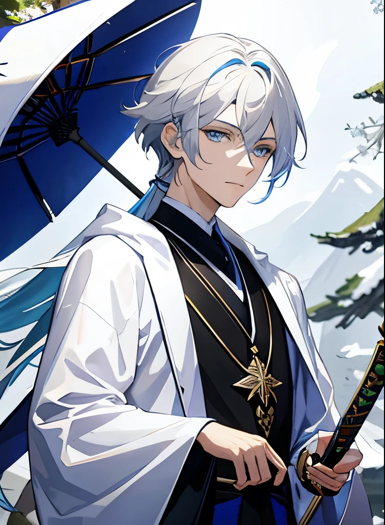 masterpiece, best quality, Kaedara Kazuha, male focus, 1boy, solo, Deep sapphire blue eyes that hold a mysterious and thoughtful gaze, bangs, flowing silver hair, japanese kimono choose neutral colours like black for mysterious vibe, add accessories like fingerless gloves or a stone necklace, streaked hair, blue hair, hair between eyes, weapon, sword, white hair, closed mouth, outdoors, tassel, looking at viewer