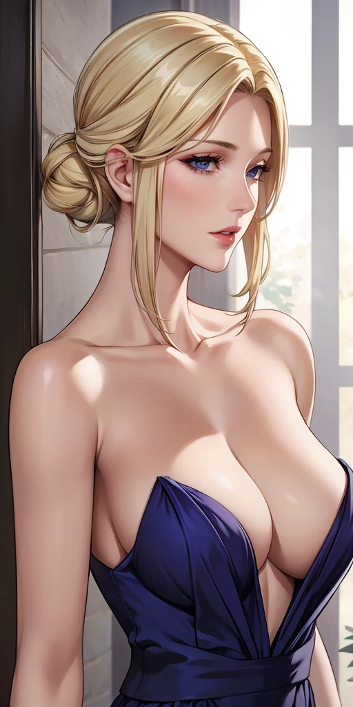 Seductive mature woman, milf, blue eyes, blonde hair, soft light, 4k resolution, high quality, beautiful cg