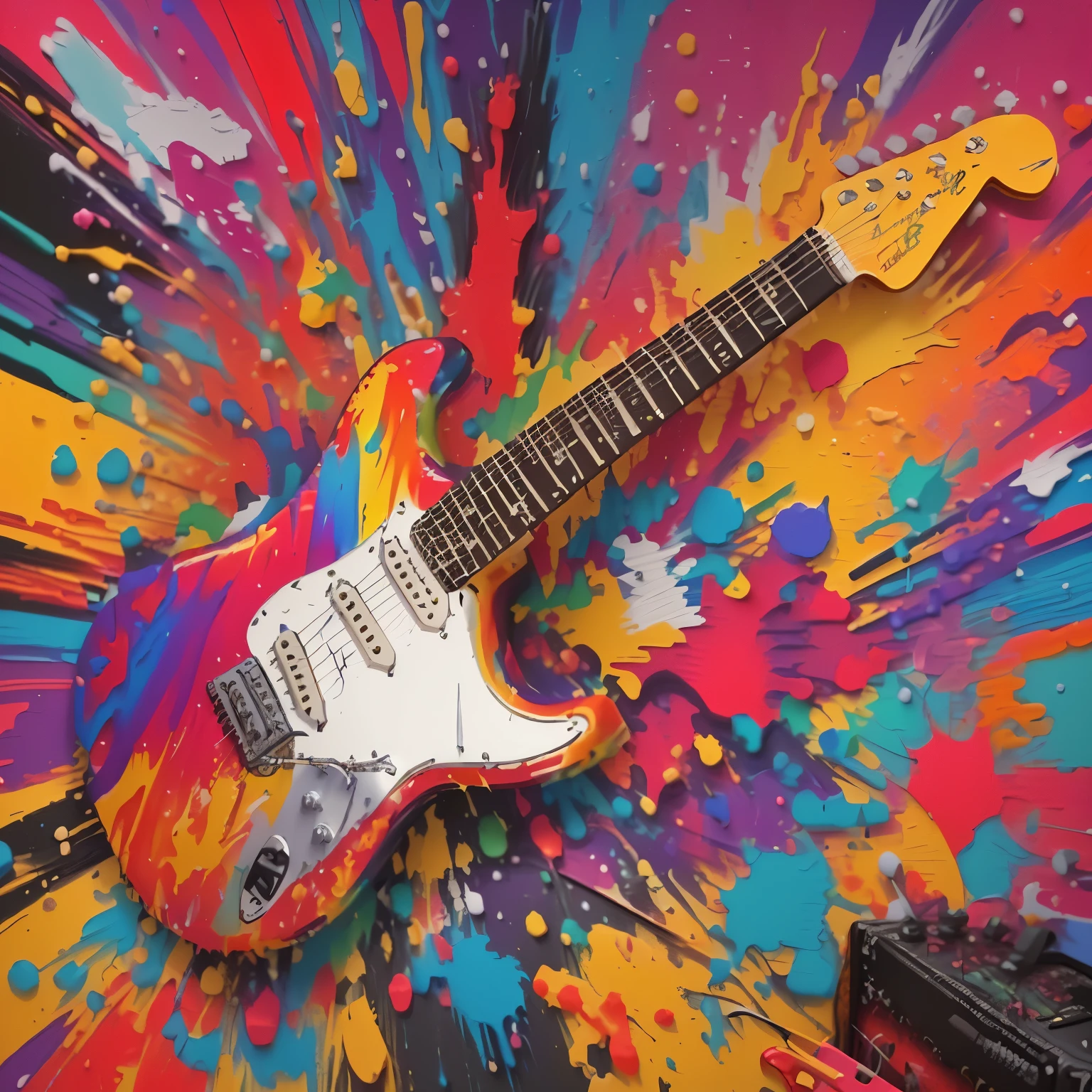 a painting of a guitar with a colorful burst of paint, rocking out, electric guitar, colourful explosion, burst of colour, fender stratocaster, guitar, lead guitar, inspired by Ray Parker, guitarist, splash of color, energetic composition, promo art, psychedelic style, vivid!!, artwork, guitar solo, electric guitars, very colourful, explosion of colors, electric colours
