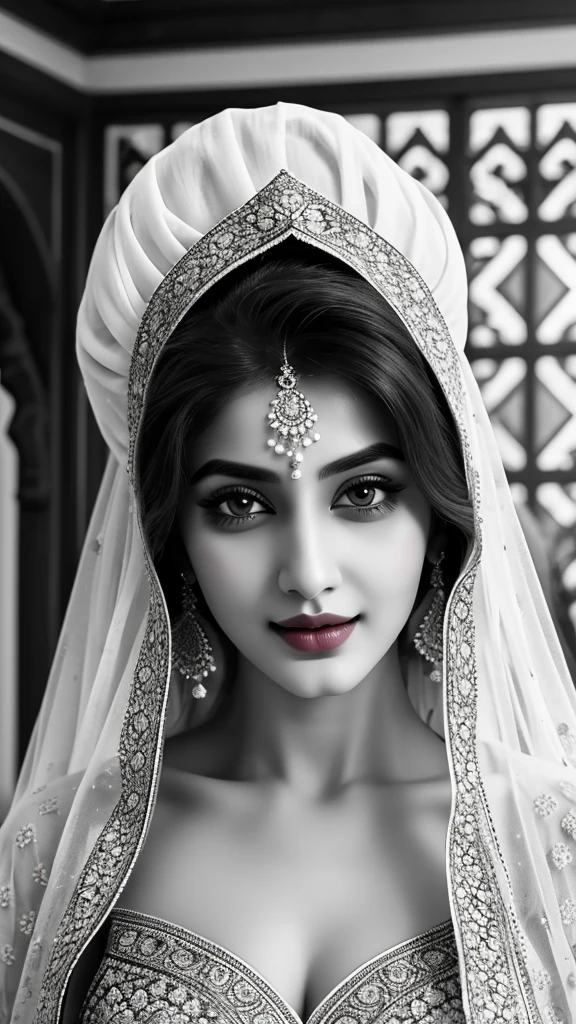 Black and white style potrait, Extremely detailed, women, elven, women, pakistani beautiful body, wearing traditional anarkali , well dressed fully covered body, covered breast ( no cleavage),beautiful enormous size breast, beautiful face, small nose, sexy eyes, sexy look, red lips, sexy smile, covering hair, 