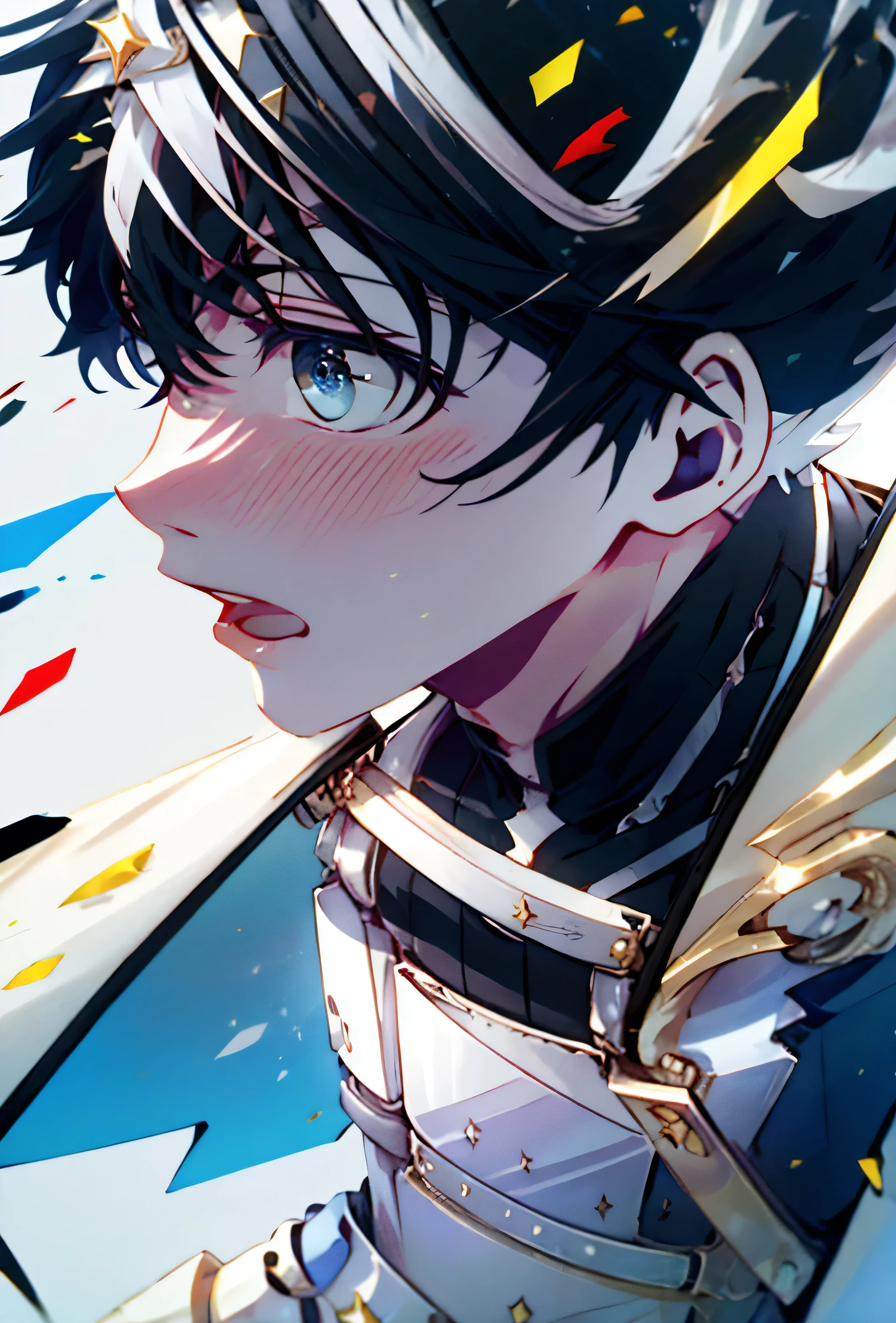 (masterpiece), (HDR), absurdres, (best quality), (ultra high quality), (hi-res), (((cowboy shot))), (1boy), solo, alone, mature, charlemagne, (blue eyes), beautiful detailed eyes, (((black hair))), multicolored hair, bishounen, BREAK, Transparent Dress, dynamic poses, dynamic angle, No background, White background, looking away from viewer, blush, (open mouth) 