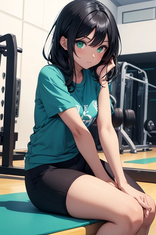 make an anime girl with green eyes, black hair and light, smooth skin, with a gym set, wearing very short blue sport pants and a blue shirt, This girl is sitting from exhaustion in a very comfortable pose. But striking