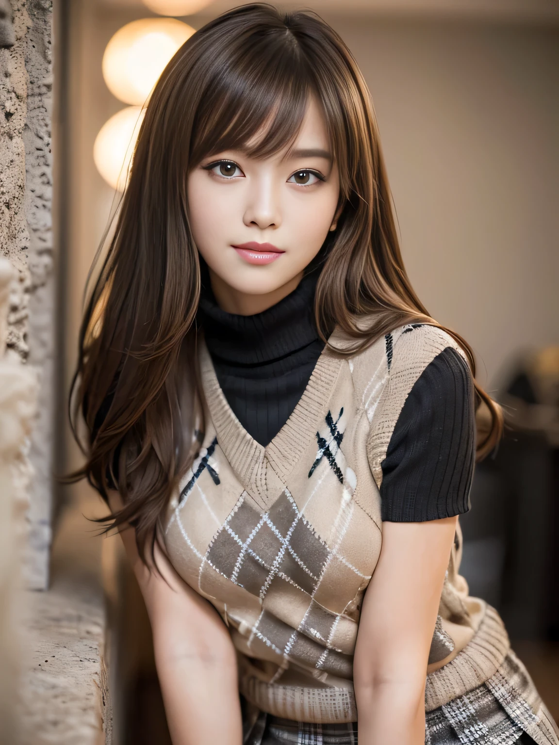 masterpiece, best quality, ultra-detailed, hyperdetailed, realistic, sharp features, highly detailed, sharp focus, Realistic, Photorealistic:1.3, (19 years old:1.3), perfect face, perfect symmetrically eyes, perfect lips, (no makeup), hyper detailed, hyper realistic, high resolution, Fashion Model, Japanese Idol, Slender, brown hair, Stylish, Beautiful Face, light brown hair, messy hair, diagonal bangs, (seductive smile), (looking at viewer), cinematic lighting, blurred background, (Argyle knit:1.2), ((Pleated miniskirt, black high socks)), (leaning on wall), 