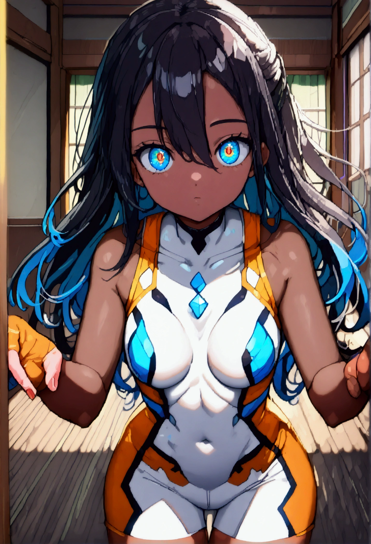 pokemonbea, pokemonbea, blue colored eyes, darkskin, dark skinned female, ashen hair, hair between the eyes, shorth hair, cinta, hair cinta, hair elastic, black cinta, black hair elastic,
break bodysuit, covered navel, Shorts, single glove, glove, top cut, white top cut, manga curta, collared, white Shorts,
break indoors, dojo,
break looking at viewer, (cowboy shot:1.5),
break (work of art:1.2), best qualityer, high resolution, unity wallpaper 8k, (illustration:0.8), (beautiful detailed eyes:1.6), extreme detailed face, perfect lighting, extremely detailed CG, (perfect hands, Perfect Anatomia),