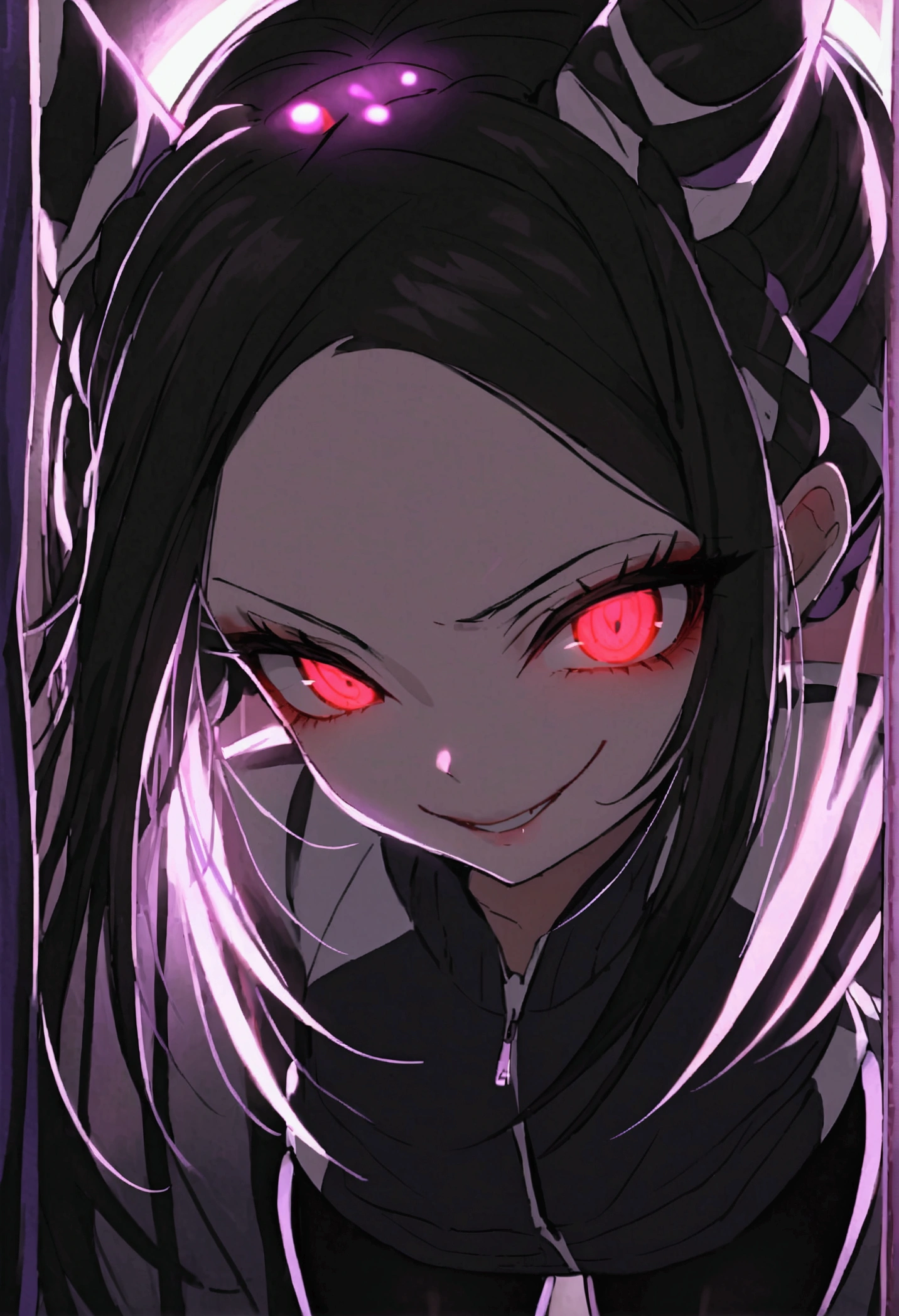 dark eye shadow,shining eyes,beautiful young fitness woman with , in a gym wearing May with black pantyhose, white and black gym jacket. standing alone,hair horns,red eyes glowing,Evil smile,legging preto ,labiaa,dark eye shadow,shining eyes,close up,hair with purple details evil smile
