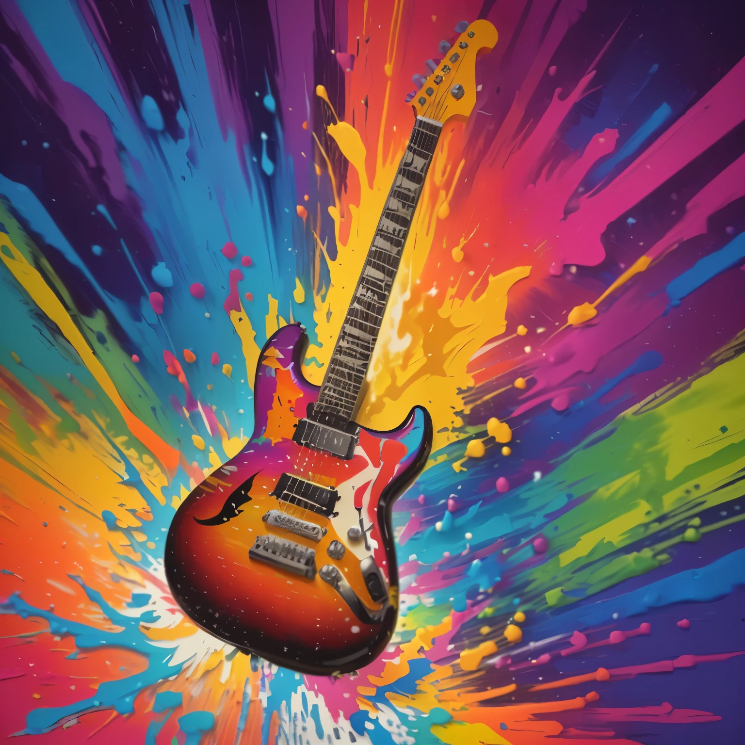 a painting of a guitar with a colorful burst of paint, colourful explosion, rocking out, electric guitar, guitar, colorful explosion, explosion of colors, burst of colour, an explosion of colors, lead guitar, guitarist, electric colours, he is a rockstar, color explosion, rock music, guitar solo, explosion of color, electric guitars, psychedelic effects, rock star
