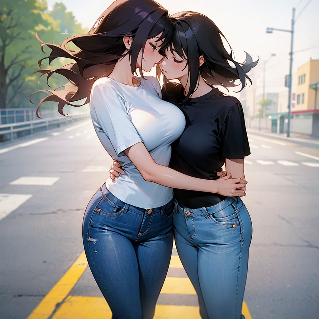 2 girls wearing a tight t-shirt,jeans,and heels kissing each other in the middle of the road