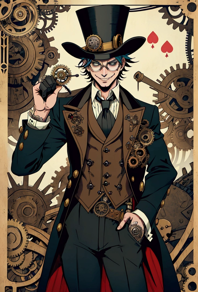 "Steam Punk Joker with a mischievous smile, Wear a top hat decorated with gear and glasses., Holding a deck of cards with mechanical hands, Surrounded by smoke and industrial background, With steam-powered engines and moving gears, Creates a feeling of mystery and intrigue.."