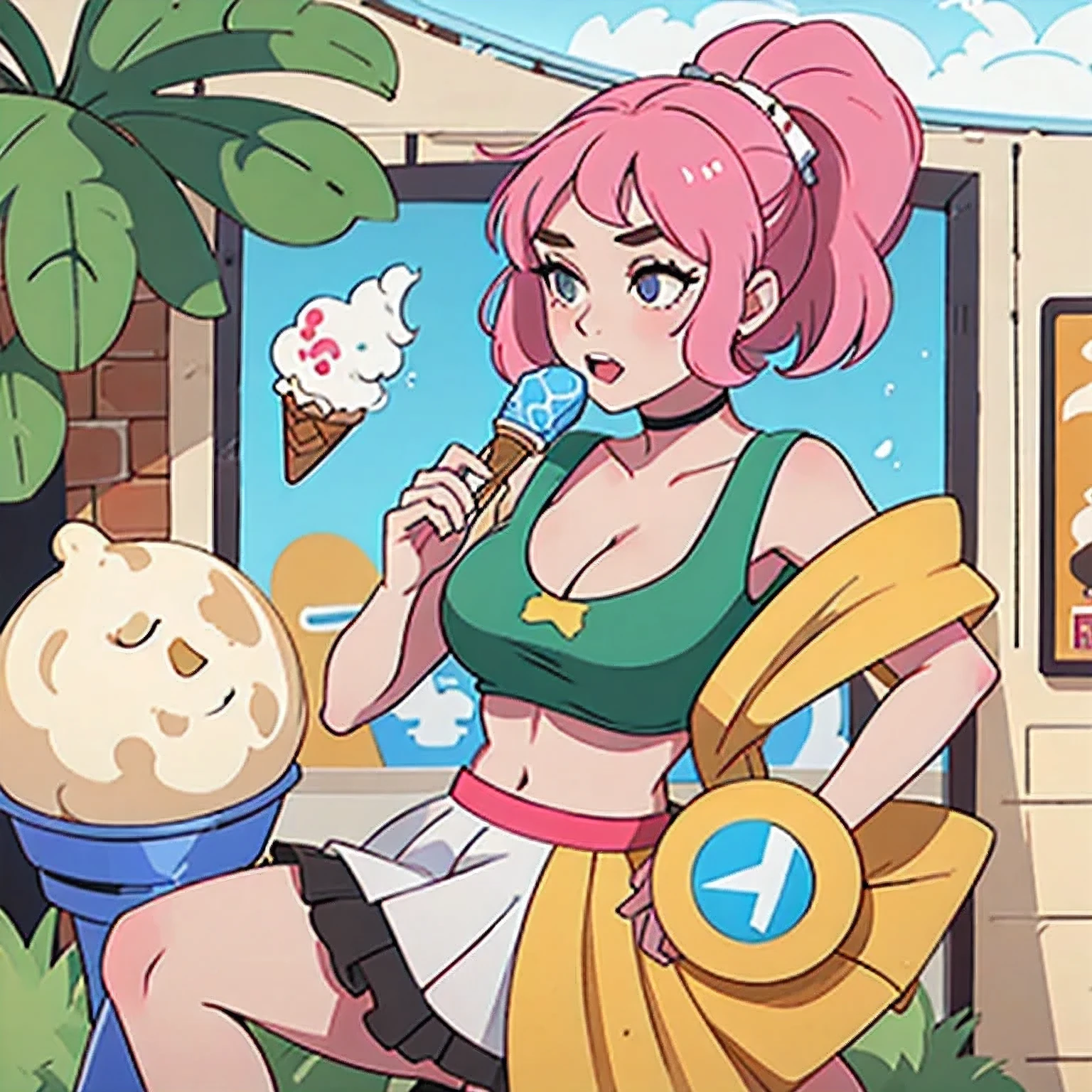girl in a bikini eating an ice cream cone, eating ice cream, in a bikini, angela white, giorgia meloni, katy perry, in bikini, eating ice - cream, wearing spandex bikini, ice cream on the side, bikini, ice cream, wearing a bikini, candid photo of dirty, shiny plastic bikini, candid shot, cone, 1 girl, solo，in a green dress standing by a wall,portrait of female idol