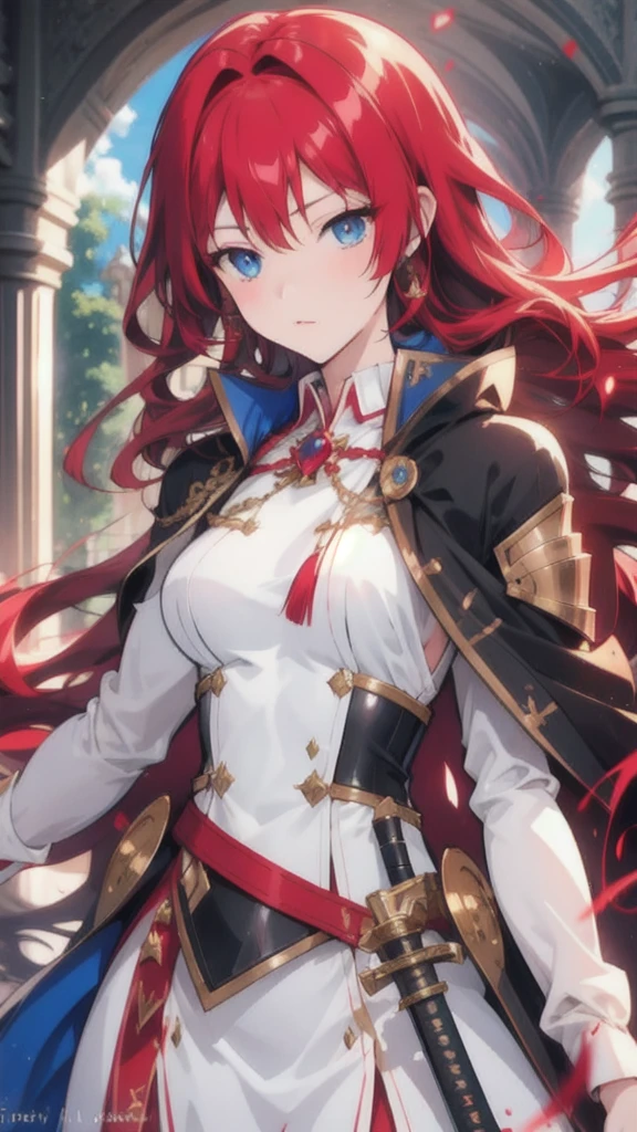 solo female knight, mansion, cape, long straight red hair, short, , , nervous, blue eyes, close up, princess, worn armor, sheathed sword