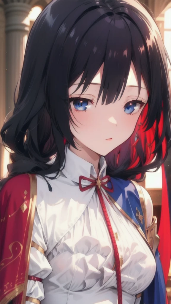 solo female knight, mansion, cape, long straight red hair, short, , , nervous, blue eyes, close up, princess, worn armor, sheathed sword