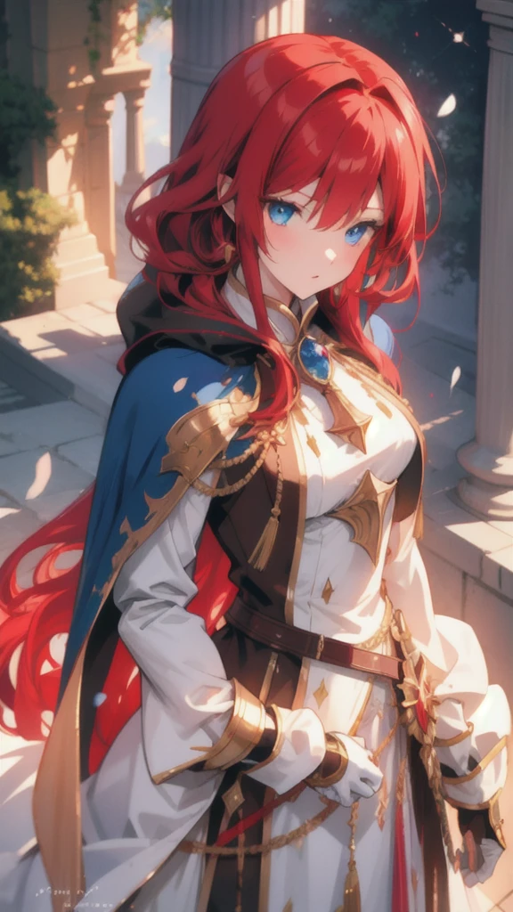 solo female knight, mansion, cape, long straight red hair, short, , , nervous, blue eyes, close up, princess, worn armor, sheathed sword