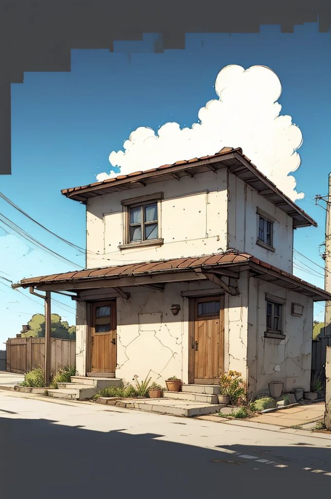 front of a small house, unfinished sketch, watercolor, pencil and ink on paper, (simple background: 1.2)