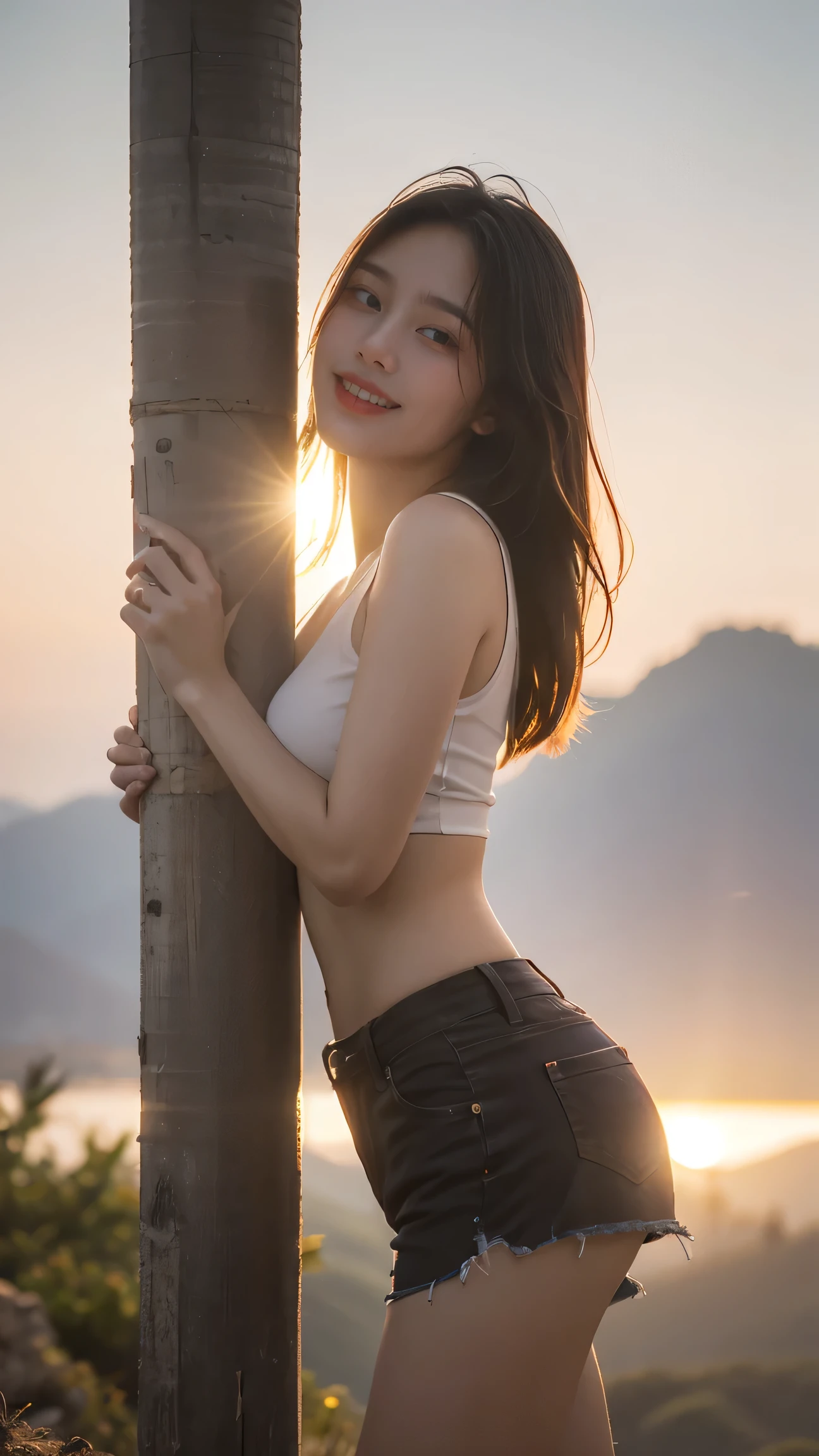 no, Ray Tracing, Radio City, Anisotropic filtration, 16,000, best quality, 1 woman, alone, mature, beautiful tourist, Shorts, hiking tank top, Gradient long hair, climbing equipment、laugh、sunset , big breasts、A small path in the wilderness