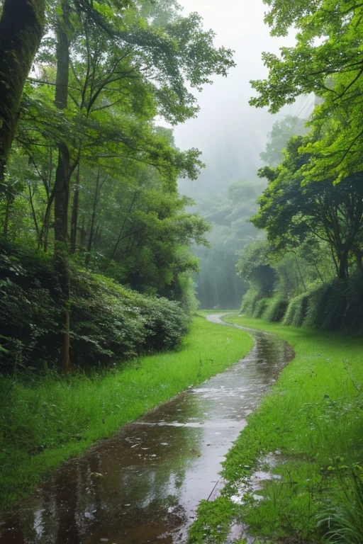 A realistic scene of a lush green forest, where rain is pouring through the gaps between the trees, creating puddles on the ground.