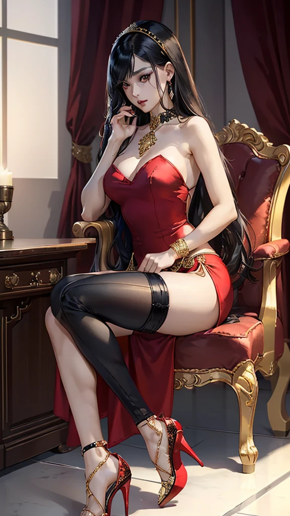 (((Beautiful girl in red high heels１７age)))is sitting with one leg crossed on a chair、((Straight black hair down to the floor））、Shiny hair、Lavish decoration、Arabian Style、National costume、Black satin pantsuit、Diamond gold embroidery、Arabian Styleの室内、Candlelight、choker、、necklace、
、Sash belt、Dark Skin、Arab&#39;s royal style、(turbaned）((Close-up of feet））、Golden Eyes、Bracelet、bracelet、anklet、Skin is visible under the hem of the antz、Red high heels with jewels、A chair with a slightly long back made of ebony、Flower sculpture、Legs thrown forward、Black toenail manicure、Nail Art、((((Red pinheal,)))
Super Tilt Angle、far and near method、(((high heels up)))、masterpiece、Ultra-high resolution、Precisely、Detailed and beautiful、

